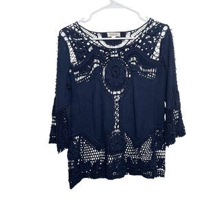 Taylor & Sage Blouse Women's XS Blue Lace Crochet 3/4 Sleeve Boho Shirt Top